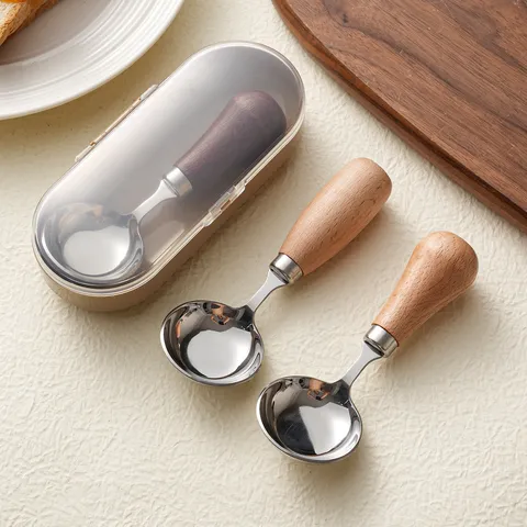 Cuchara de Acero Inoxidable 316 de Estilo Japonés Con Mango de Madera Pulido a Espejo Fondo Redondo Cuchara de Sopa para Niños Vajilla de Cocina Portátil