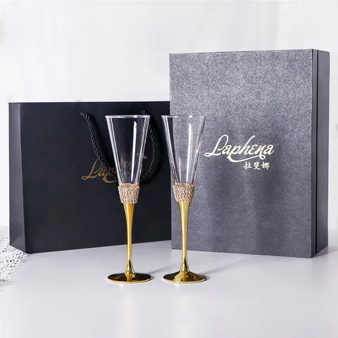 Luxury Champagne Flute Set Lead-Free Crystal Glass Slant Mouth Wine Glasses With Rhinestone Stem Electroplated Metal Drinkware For Wedding Party Home Gift
