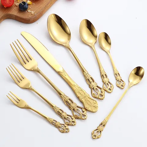 Royal Relief Hollow Cutlery Set Gold Silver Cake Knife Shovel Steak Knife Fork Spoon Stainless Steel Retro Palatial Dinnerware