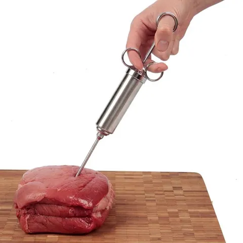 Professionele Roestvrijstalen Vleesinjector Met Dubbele Naalden Voor BBQ Kalkoen Marineren Koken Kruidenspuit