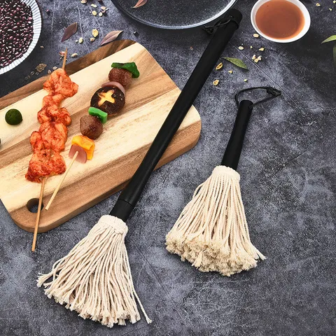 BBQ Basting Mop Professional Cotton Brush Head Rubber Wood Handle Grilling Sauce Glazing Tool For Outdoor Kitchen BBQ
