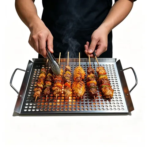 Rechthoekige Roestvrij Stalen Grillpan Voor Outdoor BBQ Antiaanbak Geperforeerd Rooster Plateau Met Dubbele Handgrepen Olie-afvoer Plateau