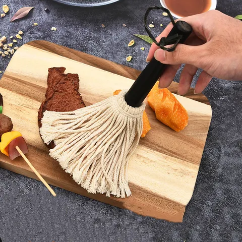 BBQ Basting Mop Professional Cotton Brush Head Rubber Wood Handle Grilling Sauce Glazing Tool For Outdoor Kitchen BBQ