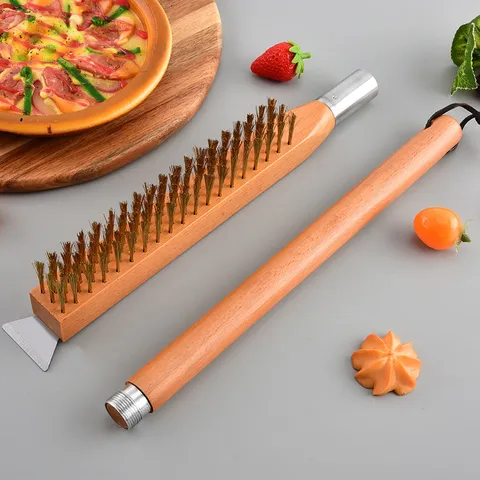 Brosse de Nettoyage Professionnelle pour Four à Pizza Avec Poils en Fil de Cuivre Et Grattoir Manche Long en Hêtre Amovible Outil de Nettoyage Robuste pour Cuisine BBQ Extérieur