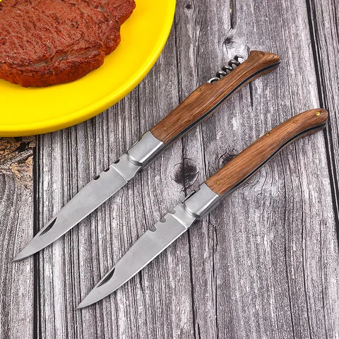 Laguiole Style Wood Handle Folding Knife Stainless Steel Wine Bottle Opener Set Portable Pocket Knife Outdoor Camping Survival Tool Kitchen Accessory