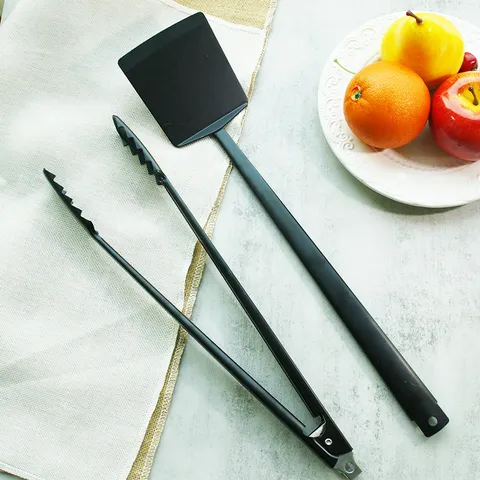 Non-stick Black Stainless Steel BBQ Tool Set 2 Pieces Long Handle Spatula And Tongs For Outdoor Grilling Kitchen Accessories