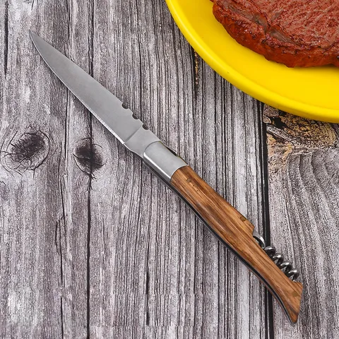 Laguiole Style Wood Handle Folding Knife Stainless Steel Wine Bottle Opener Set Portable Pocket Knife Outdoor Camping Survival Tool Kitchen Accessory