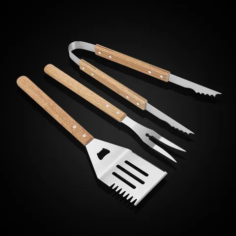 Stainless Steel BBQ Grilling Tool Set With Oak Wood Handle Outdoor Cooking Spatula Meat Fork Food Tongs Camping Utensils