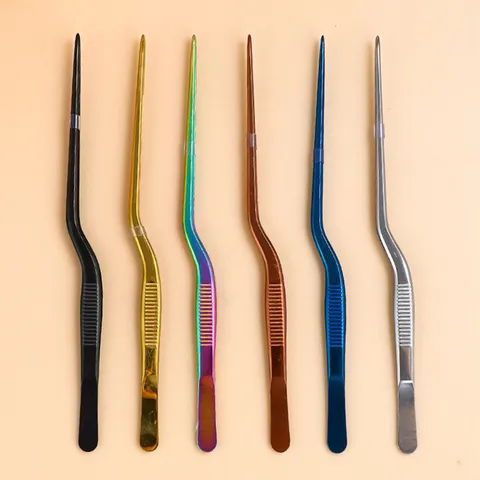 Pinzas para Alimentos de Acero Inoxidable Engrosado Pinza Curva Revestida de Titanio para Chef Cocina de Precisión