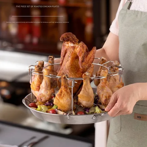 Stainless Steel Round Roast Chicken Leg Rack Multi Slot Foldable Barbecue Grill With Drip Tray For Kitchen Outdoor BBQ Party Set