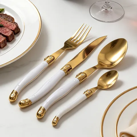 Laguiole Style Stainless Steel Dinnerware Collection Gold White ABS Handle For Western Dining Steak Knife Fork Spoon