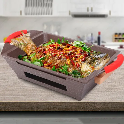 Korean Maifan Stone Non-Stick Rectangular BBQ Grill Pan With Aluminum Base And Red Silicone Handles Commercial Grill Tray For Roasting Fish Meat
