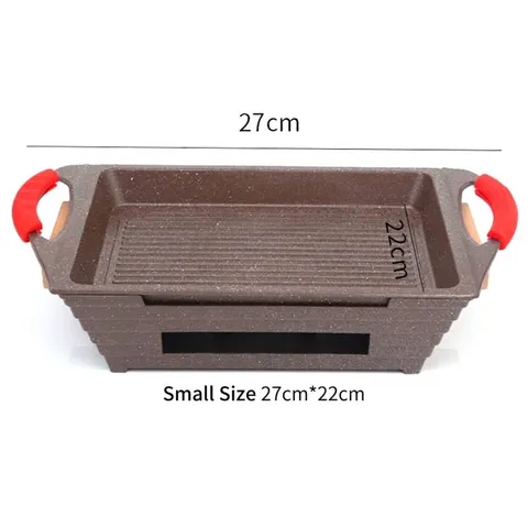 Korean Maifan Stone Non-Stick Rectangular BBQ Grill Pan With Aluminum Base And Red Silicone Handles Commercial Grill Tray For Roasting Fish Meat