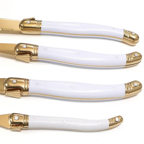 Laguiole Style Stainless Steel Dinnerware Collection Gold White ABS Handle For Western Dining Steak Knife Fork Spoon