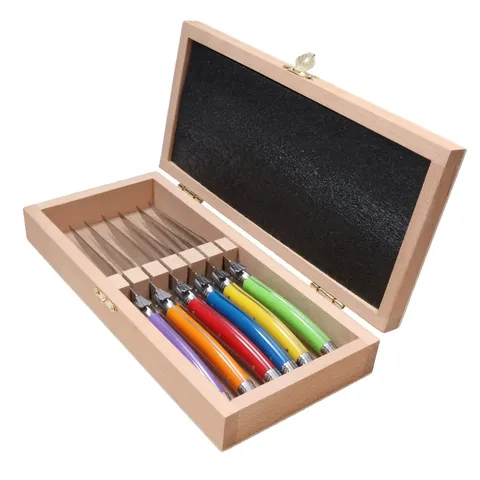 Stainless Steel Steak Knife Set With Beechwood Box Multicolor Resin Handle Serrated Blades Laguiole Style Tableware For Home Dining