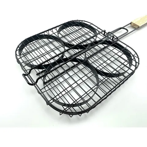Black Non-Stick Four-Hole Burger Patty Grilling Basket With Wooden Handle Iron BBQ Grill Clip For Outdoor Picnic Meat Grilling