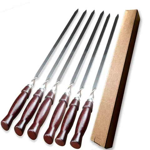 Professionelle Lange Edelstahl Grillspieße Mit Holzgriff Flache Metallspieße Zum Grillen Von Großem Fleisch Schaschlik Wiederverwendbares Grillzubehör