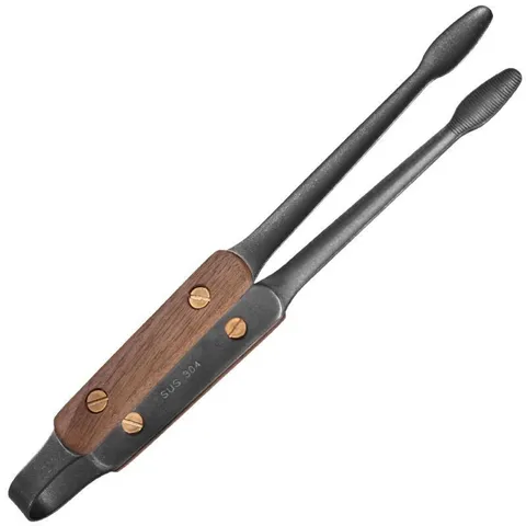 SUS 304 Stainless Steel Food Tongs With Walnut Wood Handle Retro Barbecue Grill Tongs For Steak Outdoor BBQ Kitchen Tongs