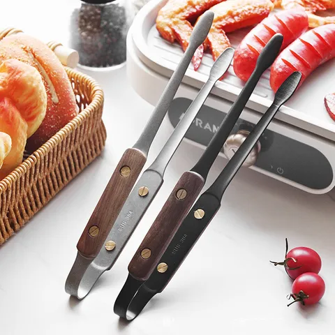 SUS 304 Stainless Steel Food Tongs With Walnut Wood Handle Retro Barbecue Grill Tongs For Steak Outdoor BBQ Kitchen Tongs