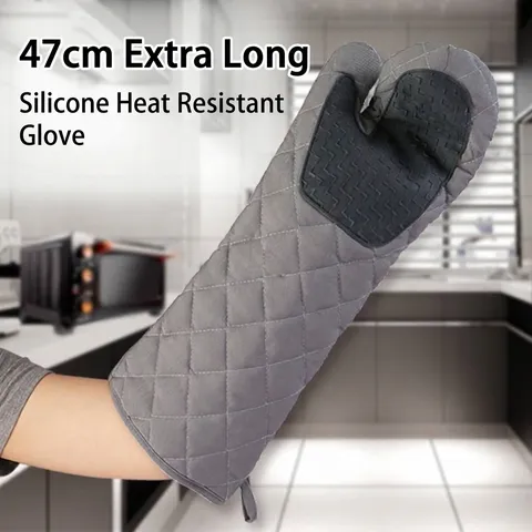 Extra Long Silicone Quilted Oven Mitt Heat Resistant Non-Slip Baking Gloves For Kitchen Microwave Grill Left Right Hand