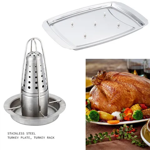 Stainless Steel Chicken Roaster Rack With Drip Pan Vertical Turkey Stand For BBQ Smoker Grill Oven Detachable Grilling Tools