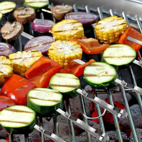 Juego de Brochetas de Barbacoa de Acero Inoxidable Aguja de Parrilla de Metal Plana Redonda Reutilizable para Picnic al Aire Libre Camping