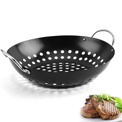 Runde Antihaftbeschichtete Eisen Grillpfanne Mit Griffen Gelochter BBQ Grillkorb Für Outdoor Camping Gemüse Fleisch Holzkohlegrill Schwarz