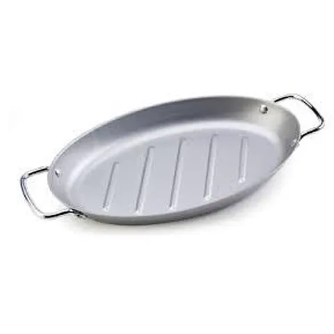 Non-stick Stainless Iron Oval Grill Pan With Double Handles Ridged Bottom For Outdoor BBQ Fish Seafood Vegetables Grilling