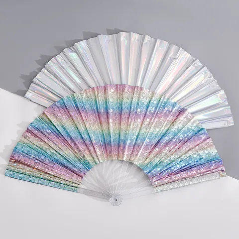 Holographic Laser PVC Kung Fu Folding Fan Transparent Plastic Glitter Ribs Music Festival Party Performance Handheld Fan