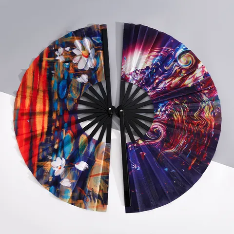 33cm Large Folding Fan Plastic Bone Oxford Cloth Kung Fu Hand Fan Art Print Decorative Fan For Party Performance Dance Universal