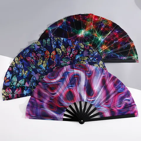 33cm Large Folding Fan Plastic Bone Oxford Cloth Kung Fu Hand Fan Art Print Decorative Fan For Party Performance Dance Universal