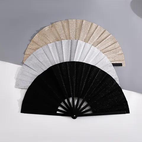 Glitter Folding Hand Fan Plastic Ribs Kung Fu Performance Dance Fan For Party Festival Rave Event Decor Red Black Gold Silver
