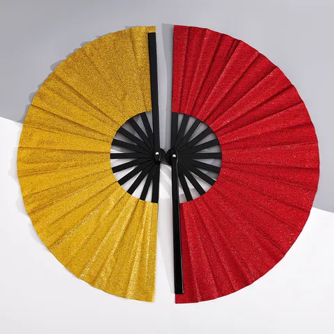 Glitter Folding Hand Fan Plastic Ribs Kung Fu Performance Dance Fan For Party Festival Rave Event Decor Red Black Gold Silver