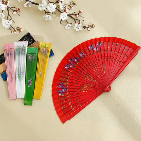 Abanico Plegable de Madera Pintado por Ambos Lados Estilo Español Diseño Calado Patrón Floral para Danza Clásica