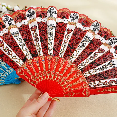Abanico Plegable de Estilo Español Vintage para Mujer Fiesta de Baile Estampado Dorado Patrón de Encaje Tela Varillas de Plástico