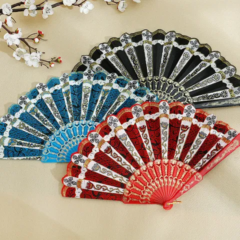 Abanico Plegable de Estilo Español Vintage para Mujer Fiesta de Baile Estampado Dorado Patrón de Encaje Tela Varillas de Plástico