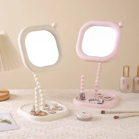 Elegant Creamy Style Pearl Stand Desktop Makeup Mirror Rotatable Square Vanity Mirror With Jewelry Storage Base For Women Bedroom