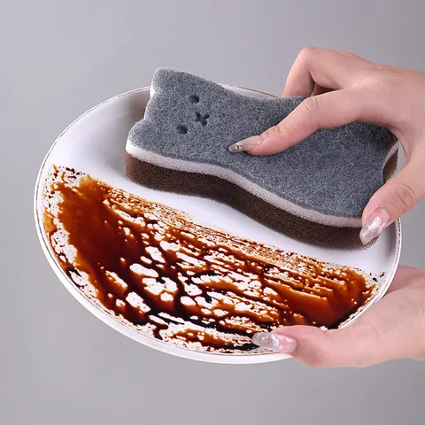 Cartoon Cat Shape Dishwashing Sponge Three Layer Kitchen Scrub Sponges For Dish Cleaning Scouring Pad Household Cleaning Tools