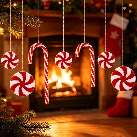 Red White Striped Christmas Candy Cane Peppermint Ornaments Plastic Hanging Decoration For Christmas Tree Holiday Party Home