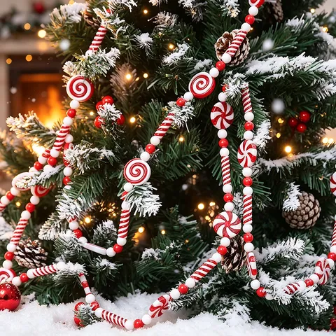 Christmas Candy Bead Garland Red White Swirl Peppermint Hanging Ornament For Christmas Tree Party Home Decor Festive Supplies