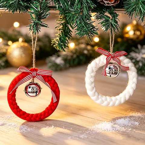 Christmas Wreath Bell Hanging Ornament Braided Plush Christmas Tree Decoration With Bow And Silver Metal Star Bell For Home Wall Decor