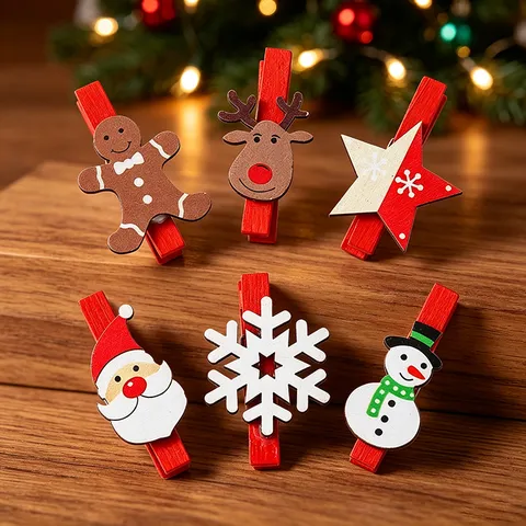 Wooden Christmas Clips Santa Reindeer Snowflake Patterns Decorative Miniature Pegs For Holiday Home Party Photo Decoration