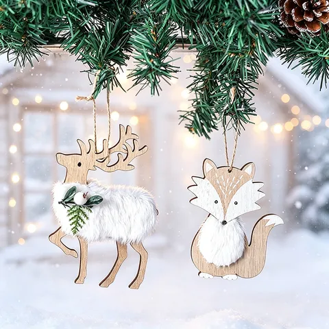 Christmas Wooden Plush Pendant Elk Fox Star Tree Hanging Ornaments For Christmas Tree Decoration Nordic Style Home Festive Decor