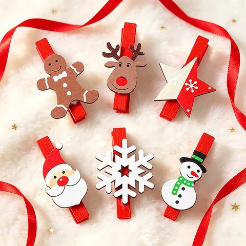 Wooden Christmas Clips Santa Reindeer Snowflake Patterns Decorative Miniature Pegs For Holiday Home Party Photo Decoration