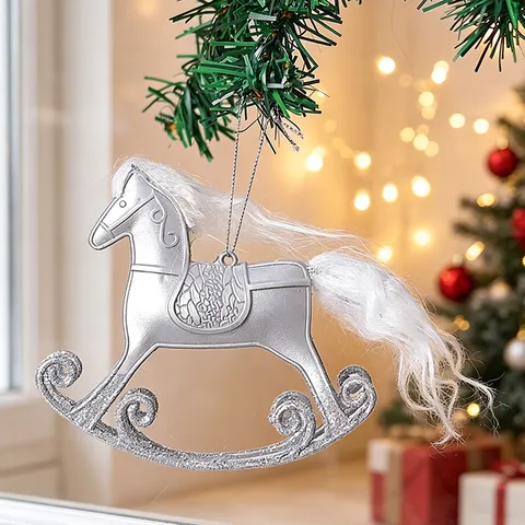 Christmas Rocking Horse Ornament Silver Glitter Plastic Pony With Faux Fur Mane Festive Tabletop Decor Christmas Tree Hanging Decoration