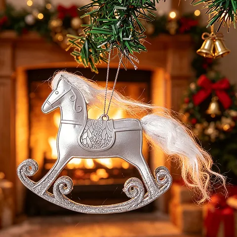Christmas Rocking Horse Ornament Silver Glitter Plastic Pony With Faux Fur Mane Festive Tabletop Decor Christmas Tree Hanging Decoration