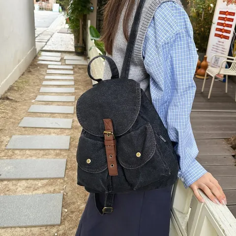 Vintage Denim Backpack Large Capacity Washed Canvas School Bag For Women Men Casual Travel Flap Drawstring Rucksack