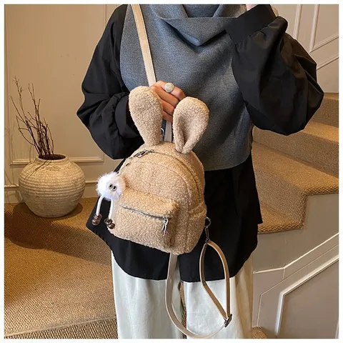 Bonita Mochila de Peluche con Orejas de Conejo para Niños Mochila Escolar de Nailon y Pelo Sintético para Niñas con Colgante