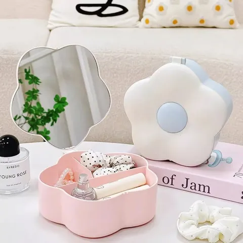 Niedlicher Blumenförmiger Schminkspiegel Mit Großer Kapazität Desktop Aufbewahrungsbox Kunststoff Glas Staubdicht Kosmetik Organizer Spiegel