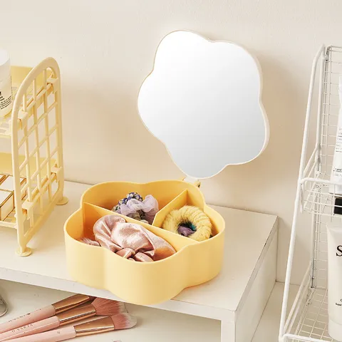 Niedlicher Blumenförmiger Schminkspiegel Mit Großer Kapazität Desktop Aufbewahrungsbox Kunststoff Glas Staubdicht Kosmetik Organizer Spiegel